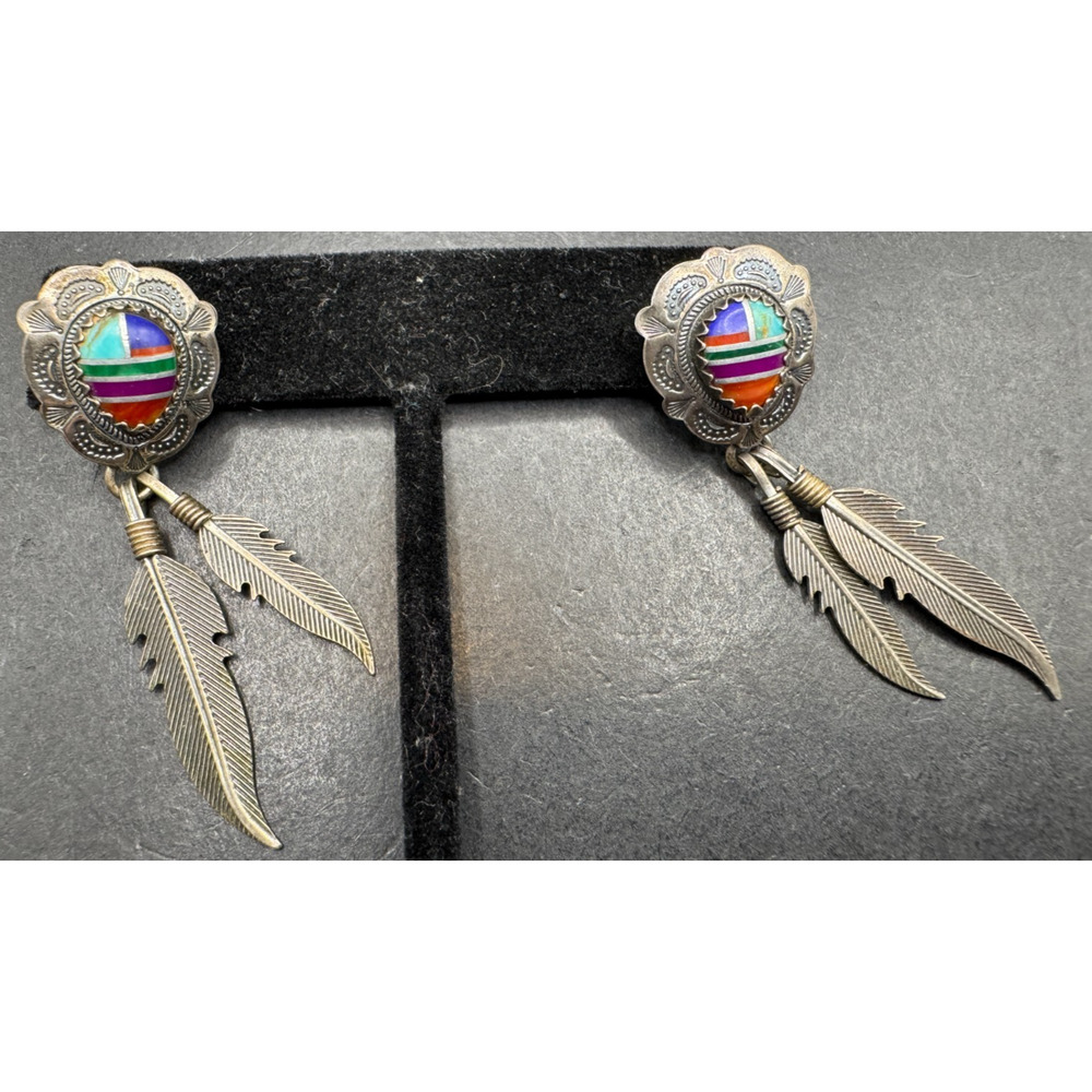 South Western Sterling Silver 925 Multi Stone Inlay Dangle Stud Feather Earrings